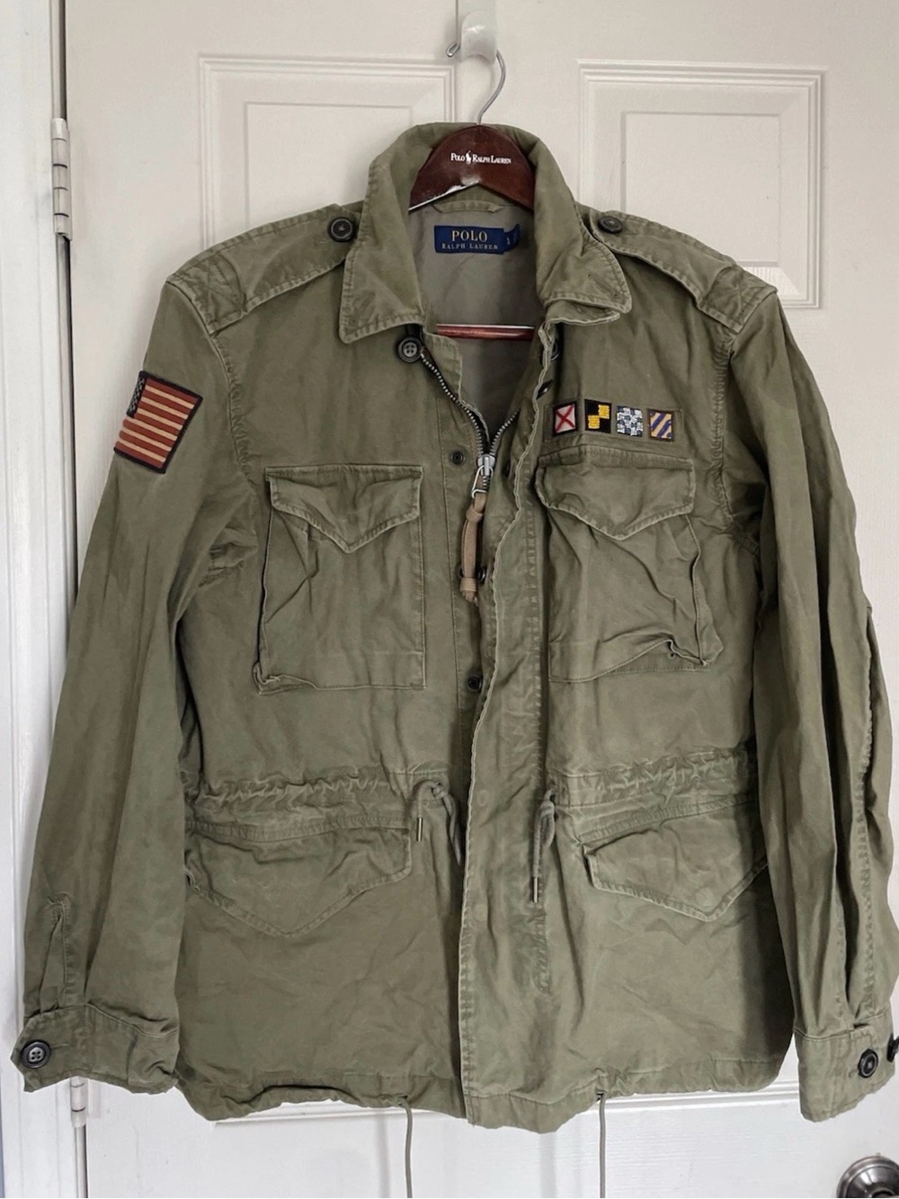 Polo Ralph Lauren M-65 Military Field Jacket Olive Patches USA Flag Men’s Large